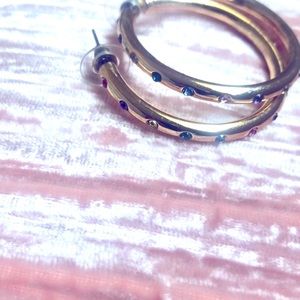 Vintage Saks Fifth Avenue Gold Hoop Earrings With Gem Stones Pierced